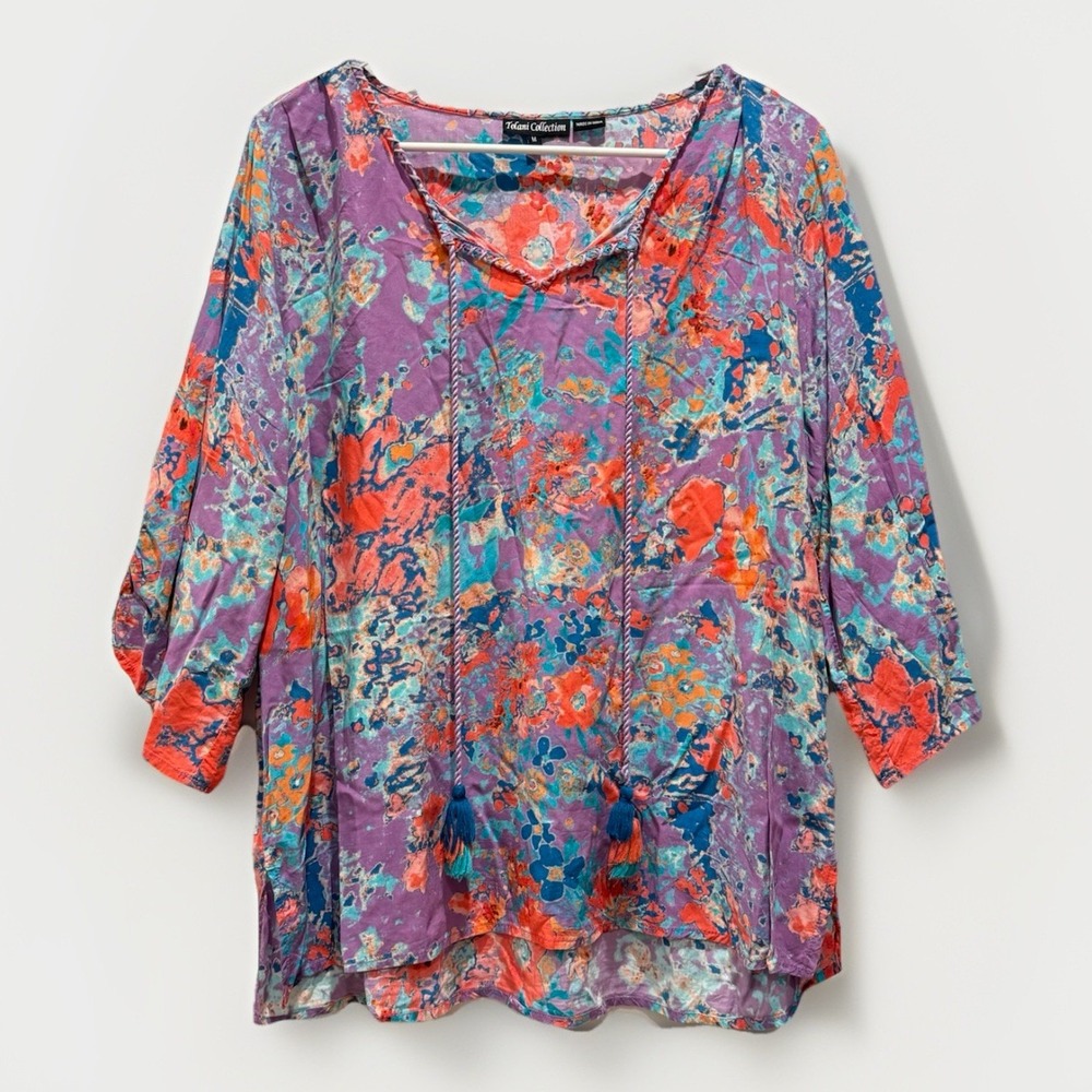 Tolani‎ Collection Floral Watercolor Printed 3/4-Sleeve Woven Blouse Nylon Sz M